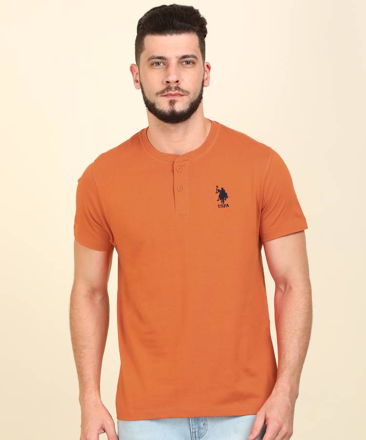 Solid Men Henley Neck Orange T-Shirt