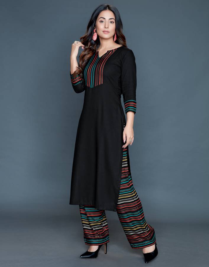 Women Striped, Printed, Embellished Rayon Straight Kurta