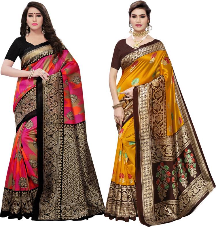 Printed, Geometric Print, Striped, Floral Print Kalamkari Silk Blend Saree Price in India