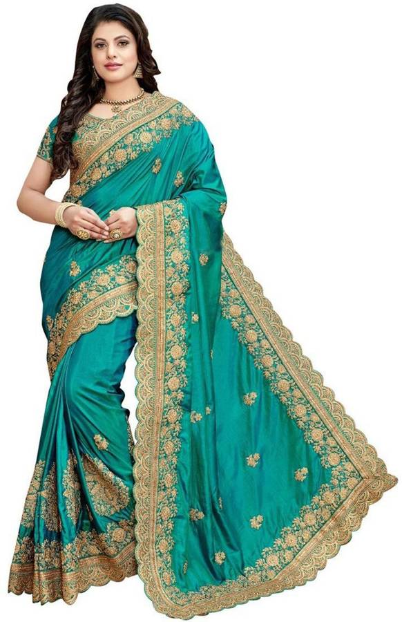 Embroidered, Embellished Kalamkari Silk Blend Saree
