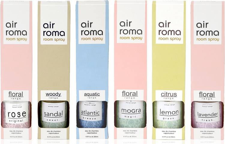 Airroma Combo of 6 Air Freshener Spray 200 ml each Rose (Original , Sandal Sweet, Atlantic Breeze, Mogra Magic, Lemon Grass, Lavender Fresh ) Spray, Diffuser