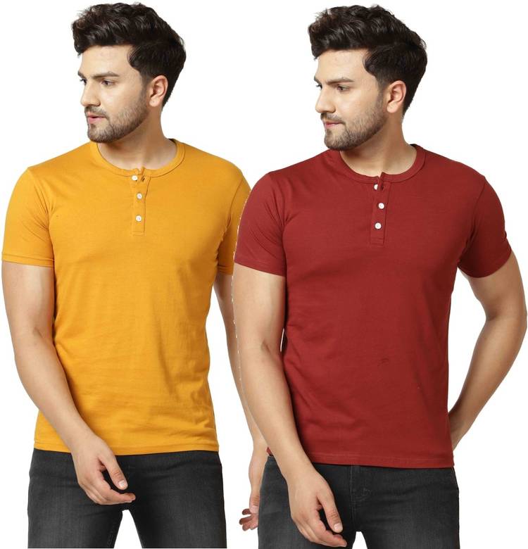 Solid Men Henley Neck Orange, Red T-Shirt