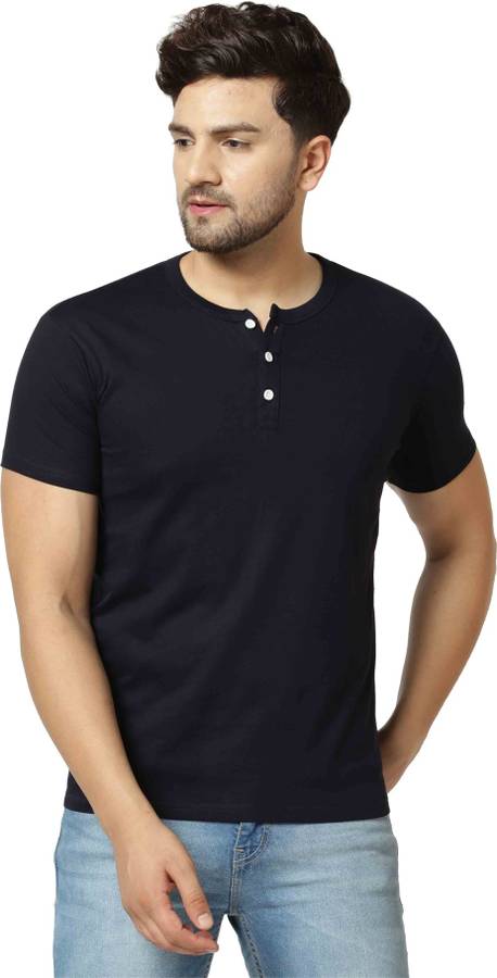 Solid Men Henley Neck Dark Blue T-Shirt