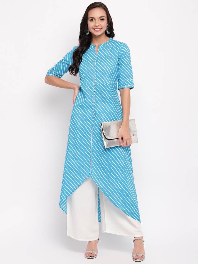 Women Leheriya, Striped, Embellished Cambric High Low Kurta