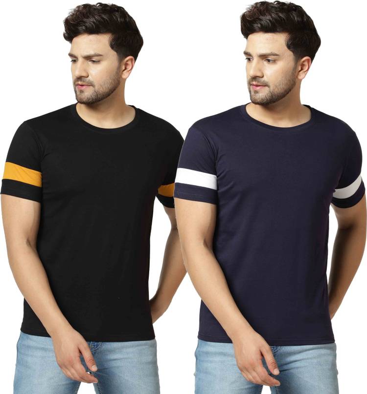 Solid, Striped, Sports Men Round Neck Black, Blue T-Shirt