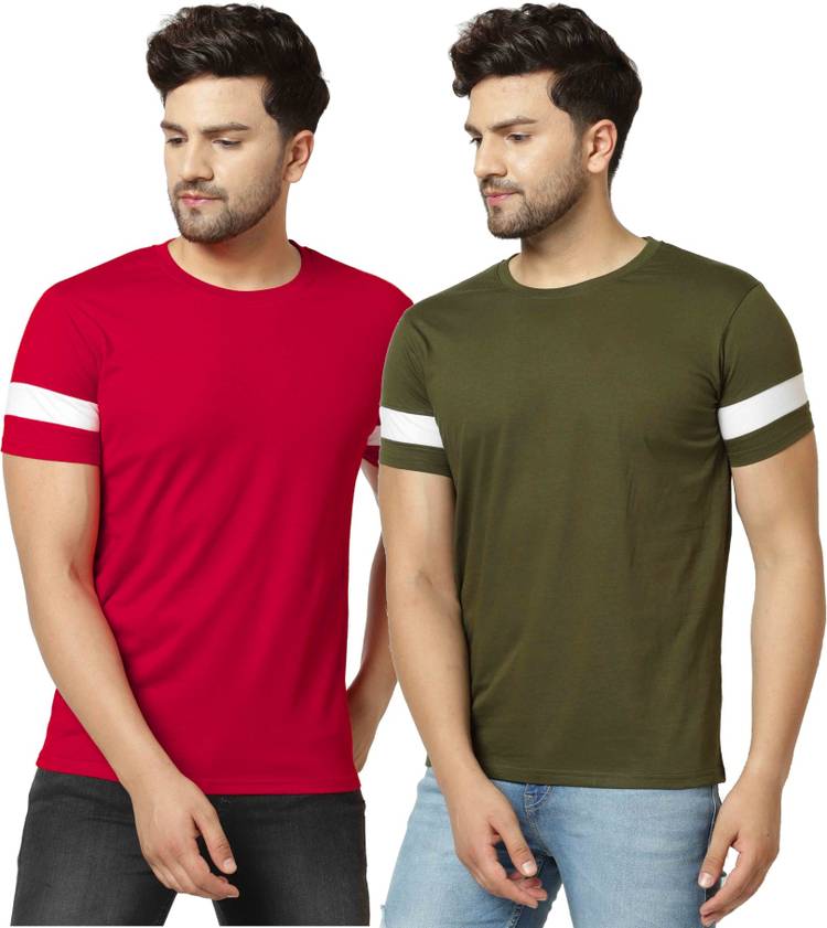 Solid, Striped, Sports Men Round Neck Green, Red T-Shirt