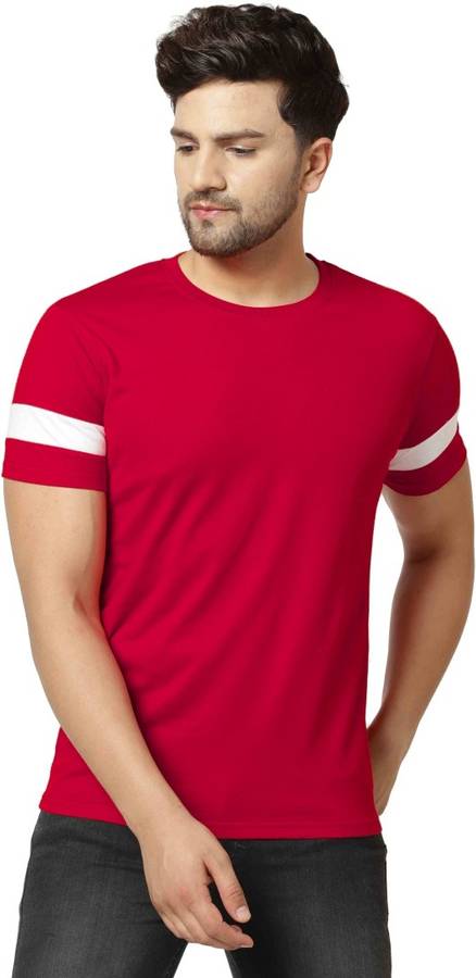 Solid, Striped, Sports Men Round Neck Red T-Shirt