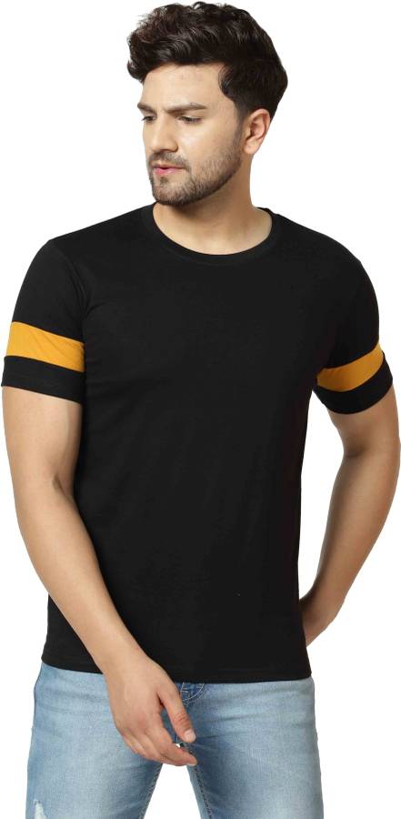 Solid, Striped, Sports Men Round Neck Black T-Shirt