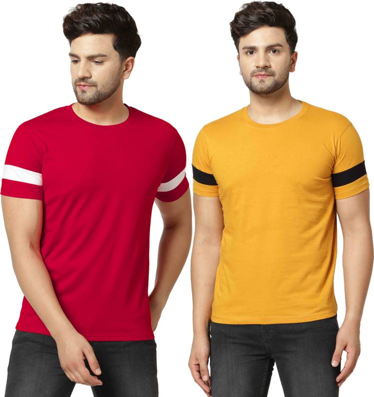 Solid, Striped, Sports Men Round Neck Red, Orange T-Shirt