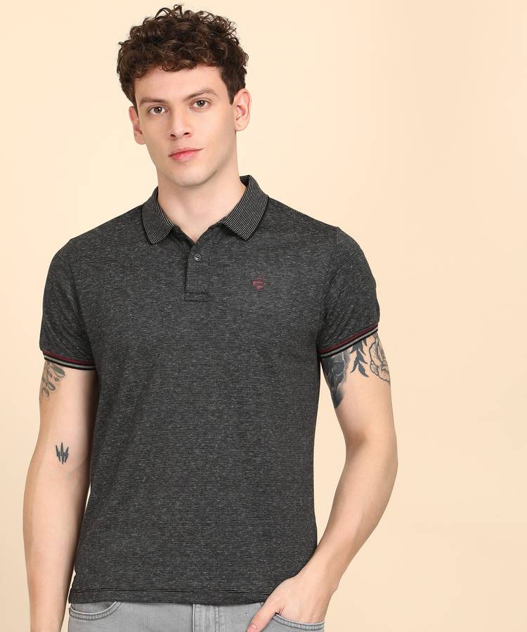 Self Design Men Polo Neck Black, White T-Shirt