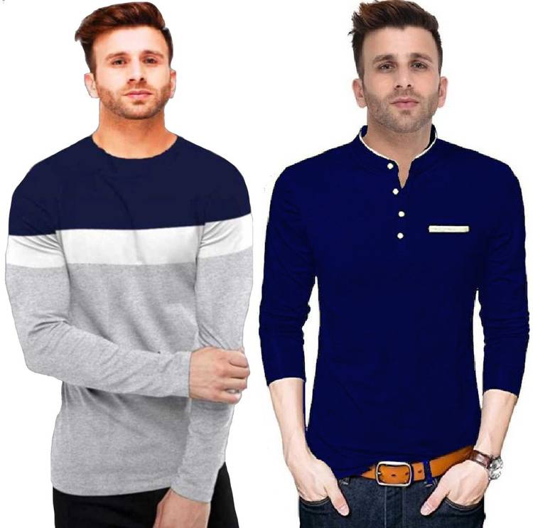 Solid Men Mandarin Collar Grey, Blue T-Shirt