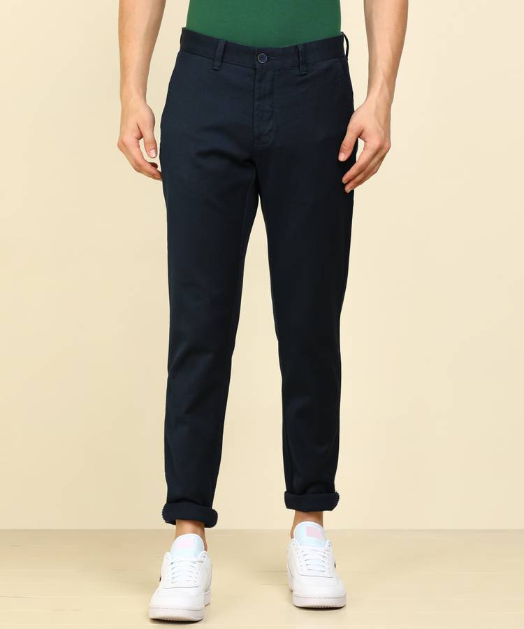 Tapered Men Dark Blue Cotton Lycra Blend Trousers