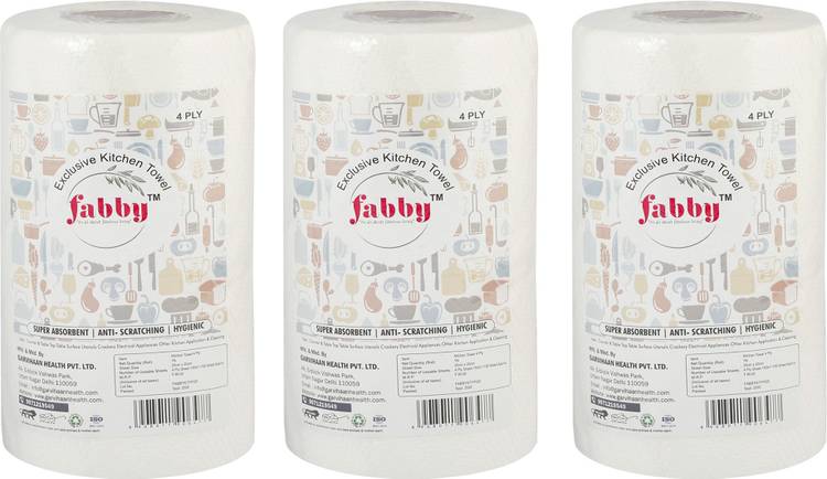 FABBY Highly Absorbent Premium Quality Kitchen Towel 4 ply Pack of 3 (180 sheets) White Napkins