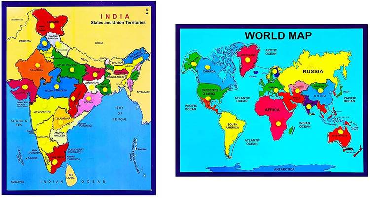 Khilonewale Wooden Puzzles Toddlers Combo of Wooden World Map & India Map Puzzles with Knobs, Educational Puzzle,Learning Aid for Boys and Girls,Kids, Students ,Size 38*30 cm