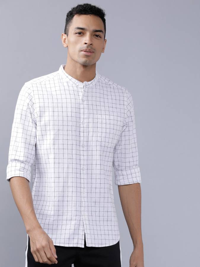 Men Slim Fit Checkered Mandarin Collar Casual Shirt Price in India
