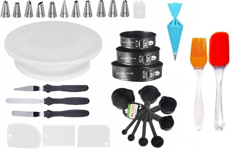 Device of Xacton bakeware1 XACTN bakeware Set Cake Turntable, Round Cake Mould Set of 3, Measuring Cup & Spoon Set of 8, 12 pc Cake Decorating Nozzle with Silicon Piping Bag, Set of 3 Icing Spatula, 3 pcs Scrapper Multicolor Kitchen Tool Set