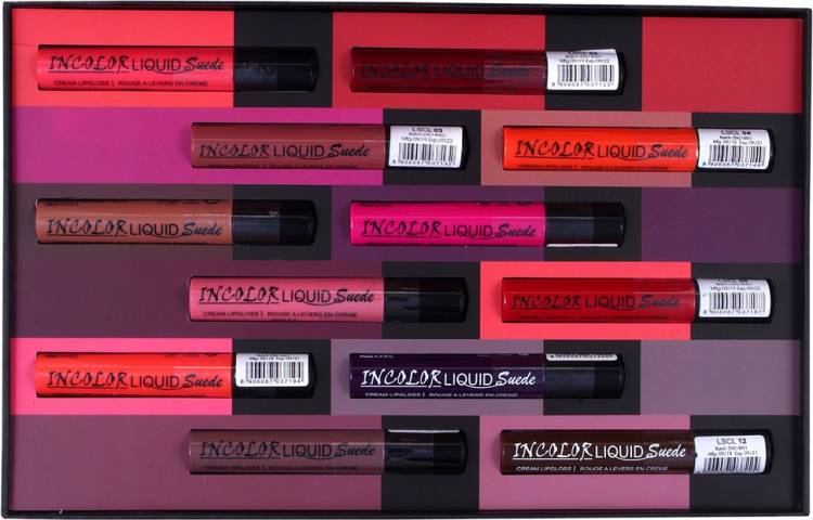INCOLOR Liquid Suede Lip Gloss Combo Pack of 12 Price in India