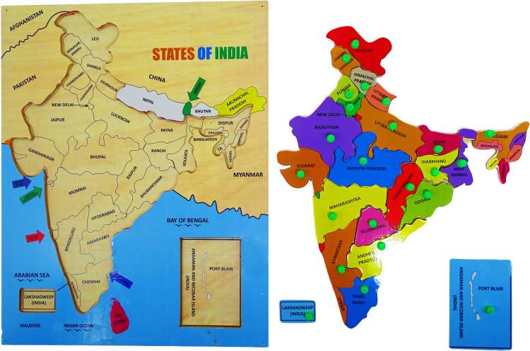 poksi MAP OF INDIA WITH STATES AND CAPITAL- WOODEN PUZZLE BOARD WITH KNOBS-28 STATES AND 8 UNION TERRITORIES