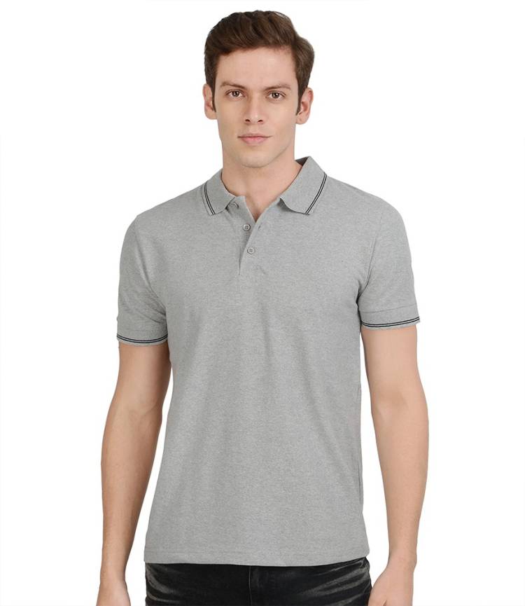 Solid Men Polo Neck Grey T-Shirt Price in India