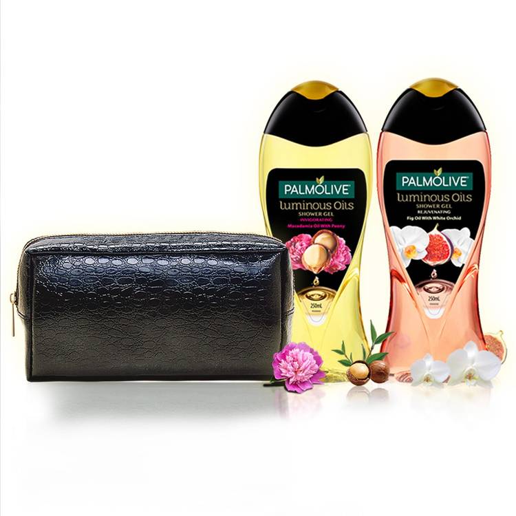 PALMOLIVE Luminous Oil Indulgence Body Wash Kit with Leather Pouch - Rejuvenating & Invigorating Shower Gel, pH Balanced, No Parabens, No Silicones