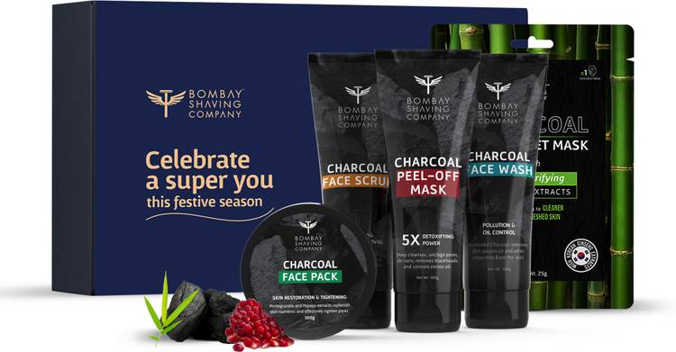 Bombay Shaving Company 5-in-1 Diwali Charcoal Skin Detox Gift Kit with Charcoal Face Wash, Face Scrub, Face Pack & Sheet Mask