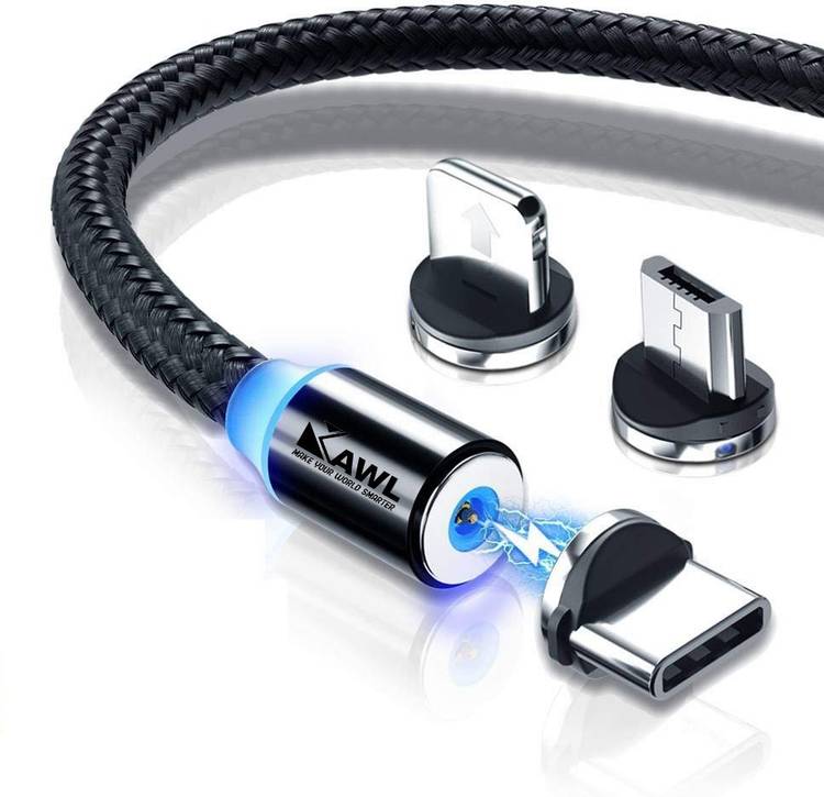 KAWL 3 in 1 Nylon Fast Charging Cord Magnetic Charger USB Cable For iPhone Micro USB Type C Mobile Phone Cable Fast Charging Magnet Charger USB Wire Cord, 1 m Micro USB Cable