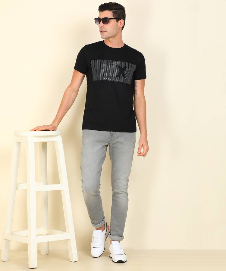 Printed Men Round Neck Black, White T-Shirt