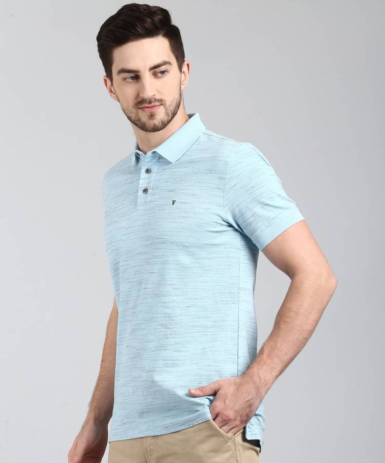 Textured Men Polo Neck Light Blue T-Shirt