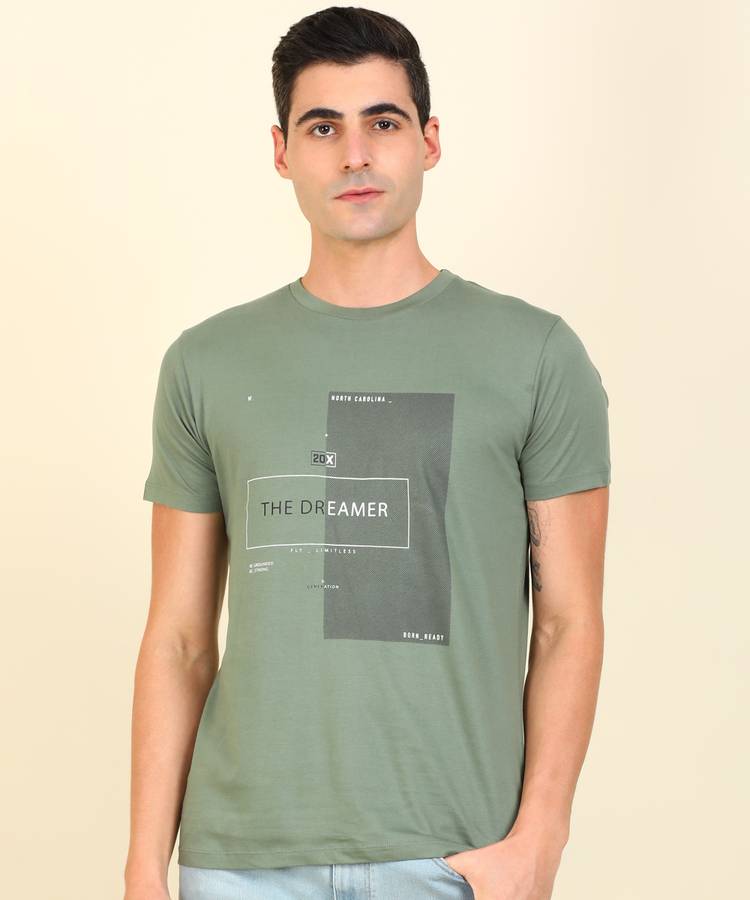 Printed Men Round Neck Black, Green T-Shirt