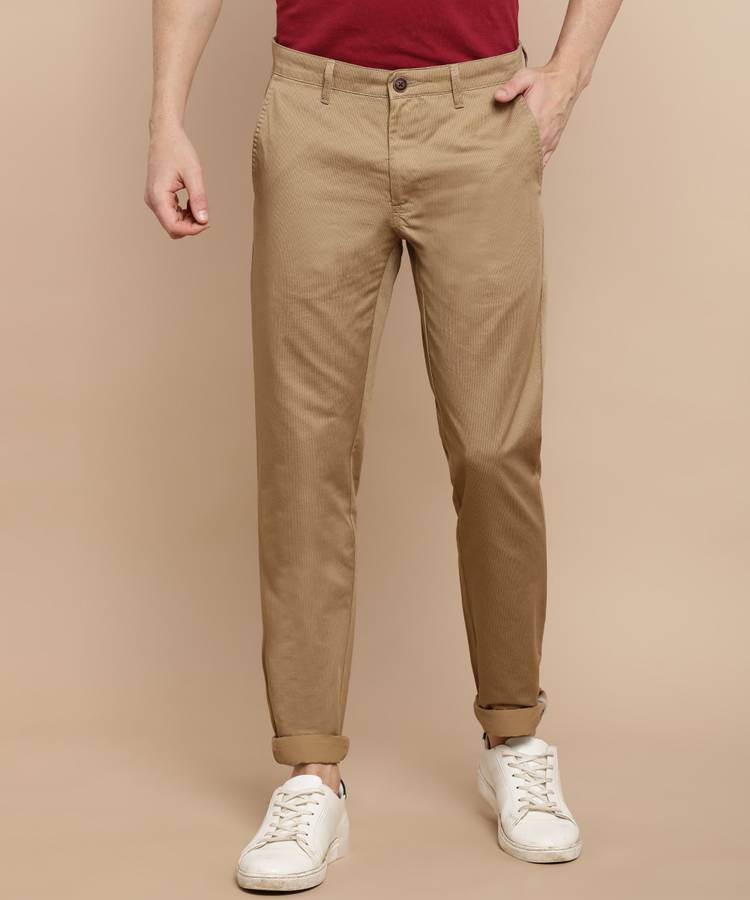 Regular Fit Men Khaki Pure Cotton Trousers