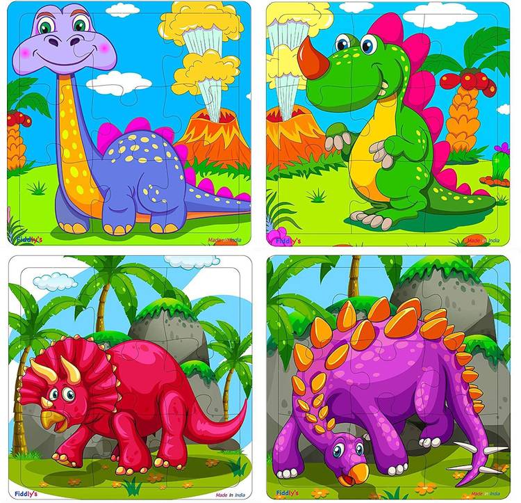 Fiddlys Wood Jigsaw Puzzles for Children - 9 Pieces (Dinos Pack of 4)