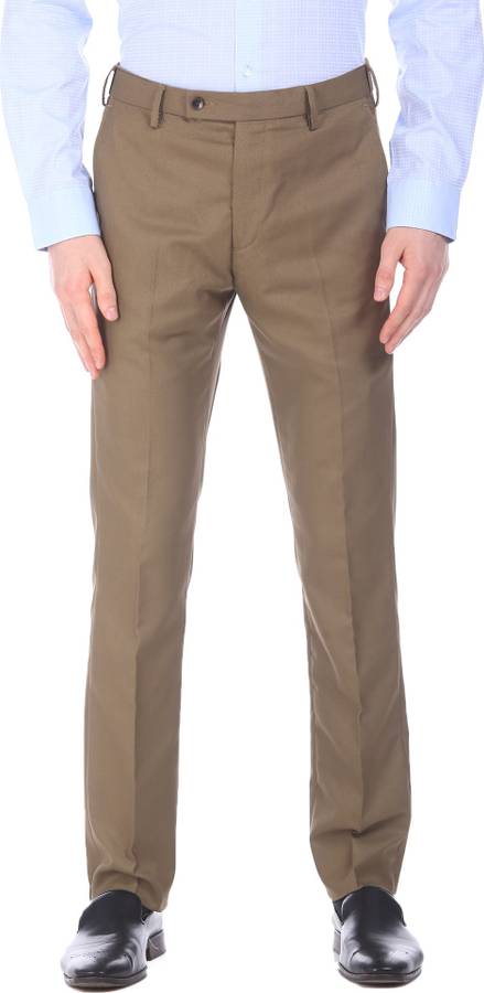 Tapered Men Khaki Polyester Viscose Blend Trousers