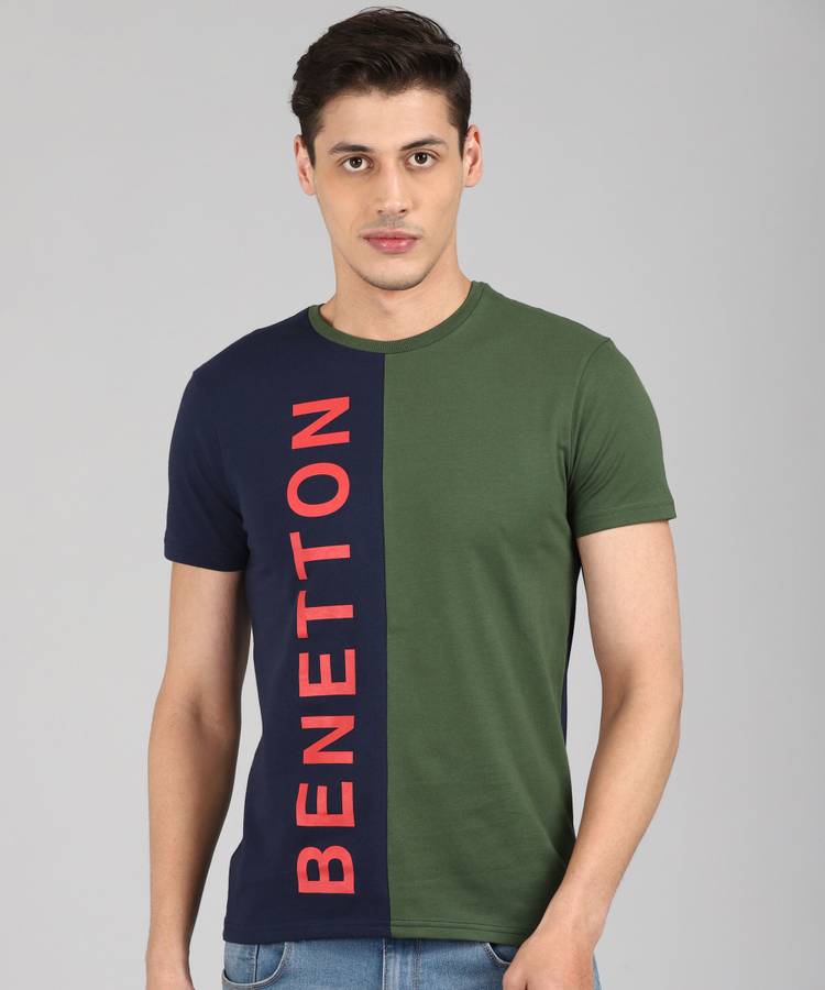 Color Block Men Round Neck Dark Blue T-Shirt