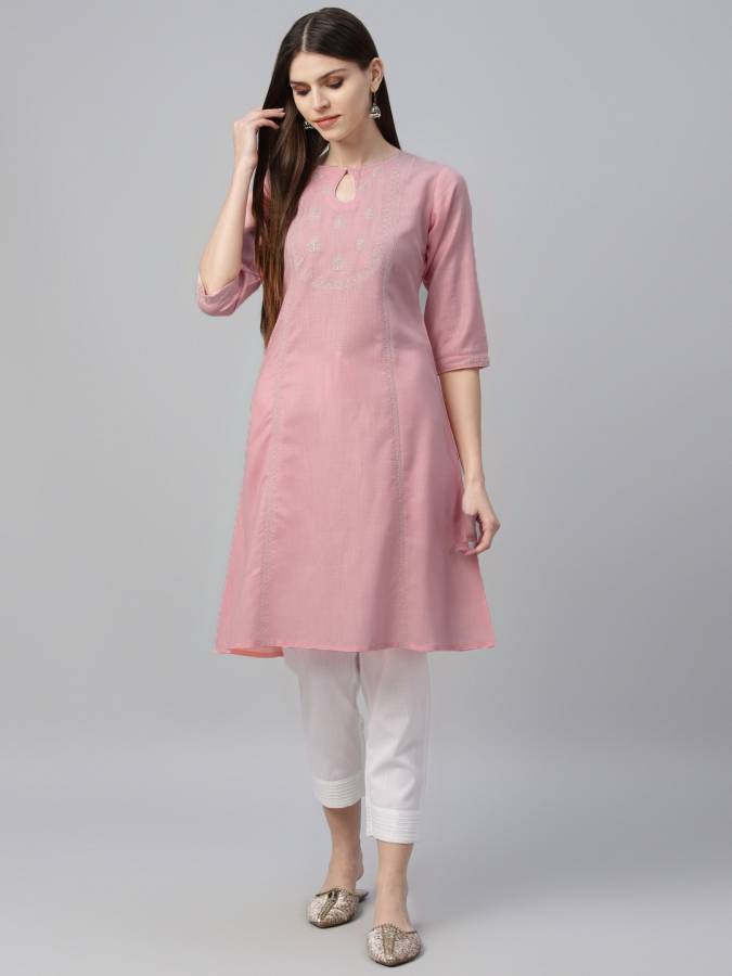 Women Embroidered Pure Cotton A-line Kurta Price in India