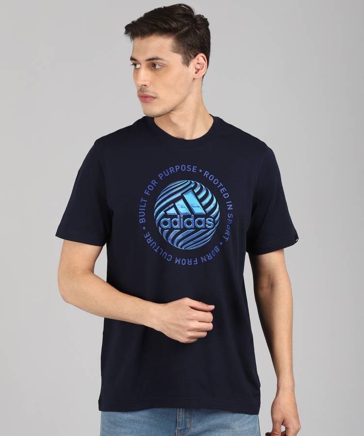 Sports Men Round Neck Dark Blue T-Shirt