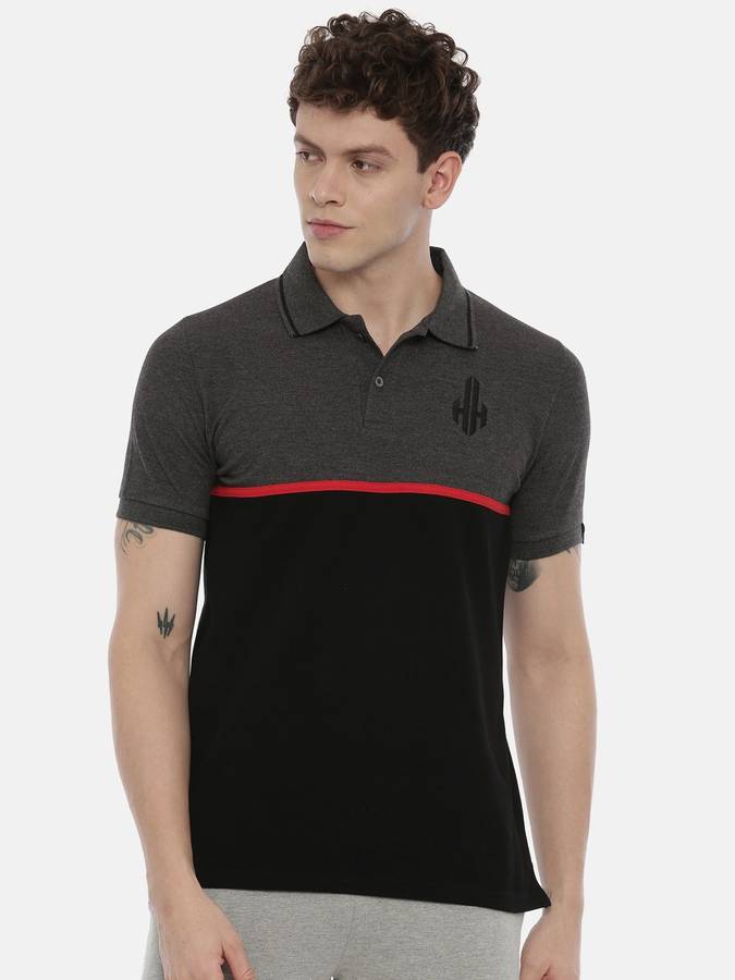 Color Block Men Polo Neck Grey, Black, Black, Grey T-Shirt