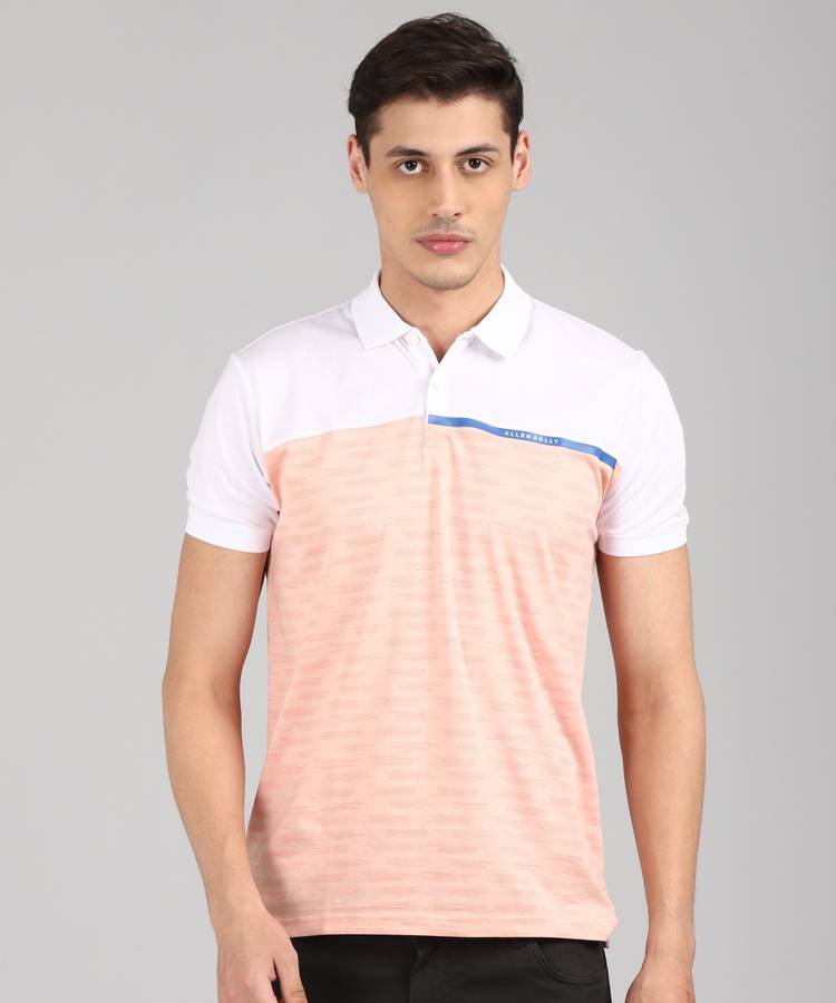 Color Block Men Polo Neck Beige T-Shirt