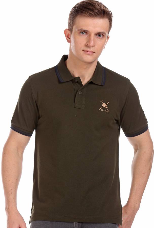 Solid Men Polo Neck Dark Green T-Shirt