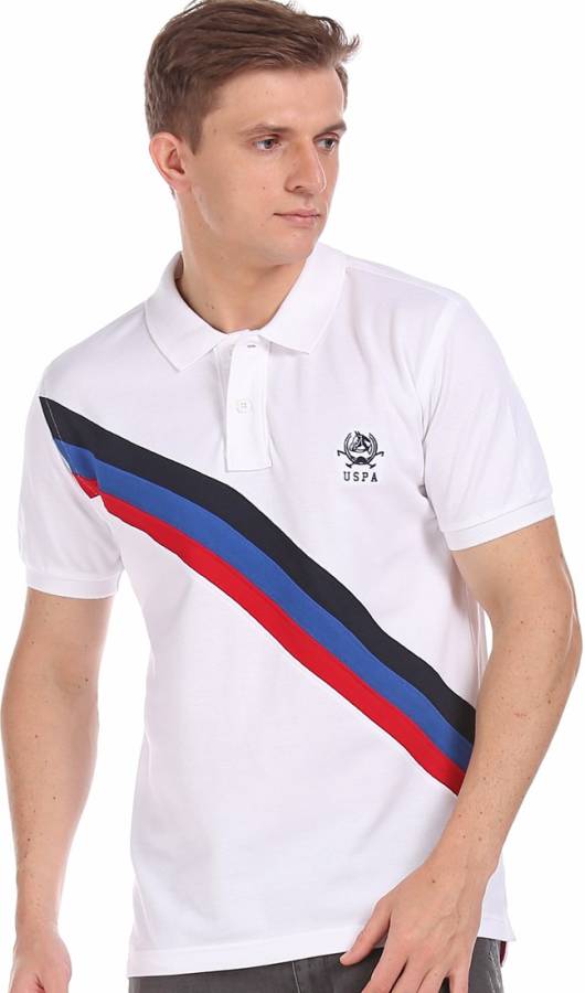 Color Block Men Polo Neck White T-Shirt Price in India