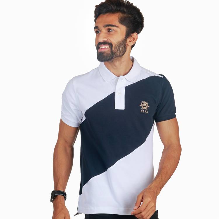 Color Block Men Polo Neck White, Dark Blue T-Shirt