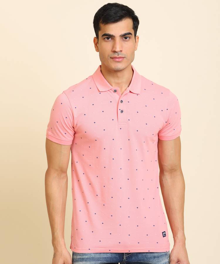 Printed Men Polo Neck Pink T-Shirt