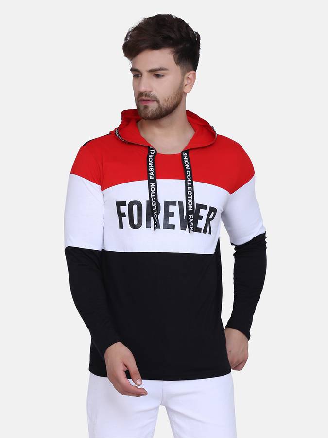 Typography Men Hooded Neck Red, White, Black T-Shirt Price in India