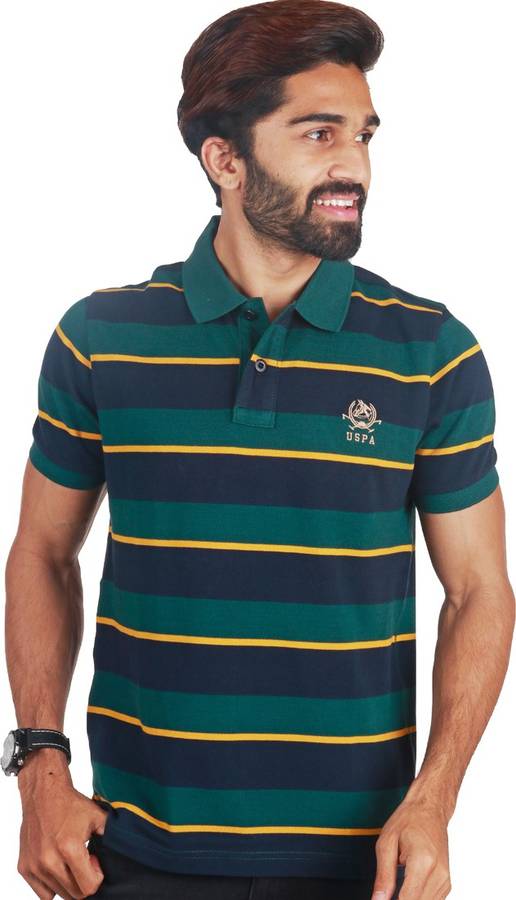 Striped Men Polo Neck Green, Dark Blue T-Shirt