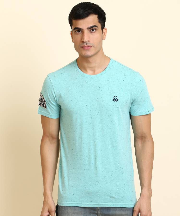 Self Design Men Round Neck Blue T-Shirt