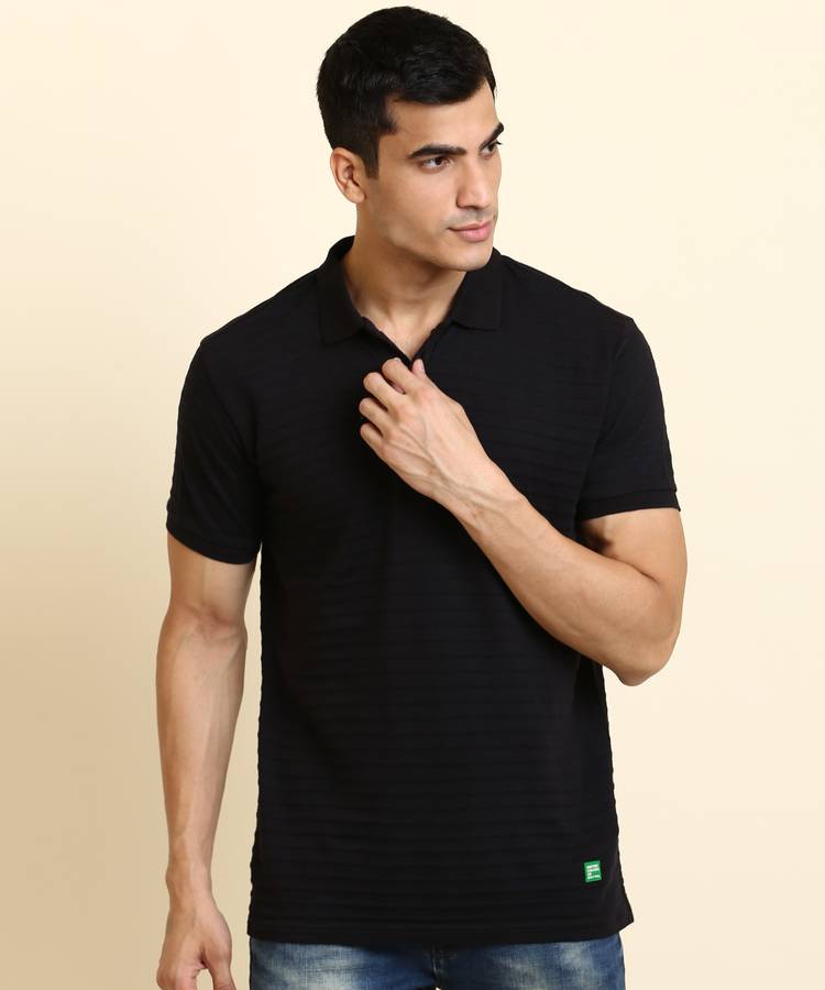 Striped Men Polo Neck Black T-Shirt
