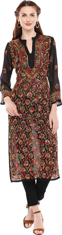 Women Chikan Embroidery Georgette Straight Kurta