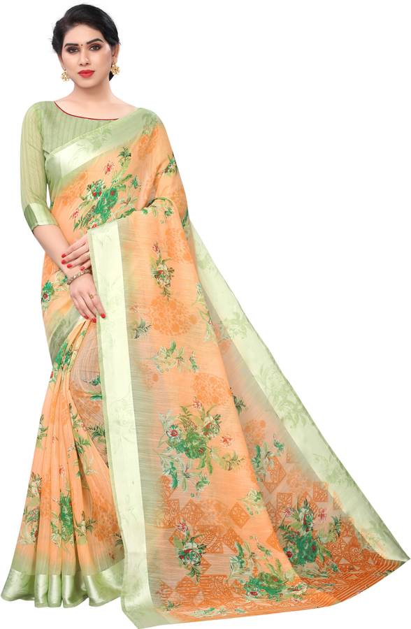 Floral Print Daily Wear Cotton Linen Blend Saree