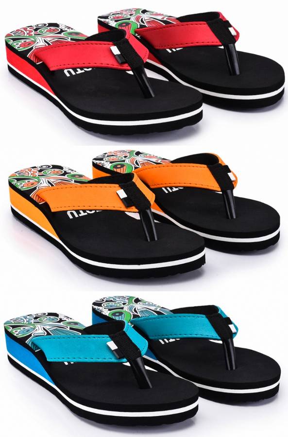 Womens Super Soft and comfortable stylish Flower designed red ,flower designed orange and flower designed blue high heel Combo (Pack Of 3) Flip Flops