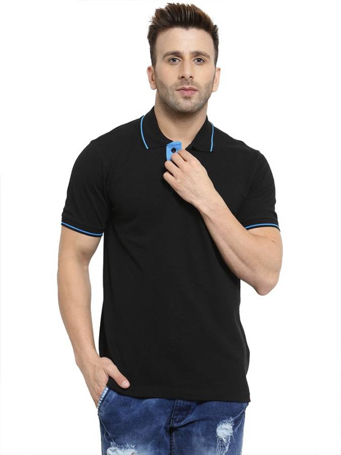 Solid Men Polo Neck Black T-Shirt Price in India