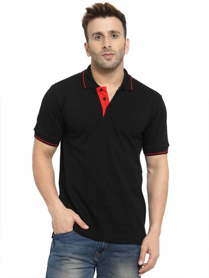 Solid Men Polo Neck Black T-Shirt Price in India